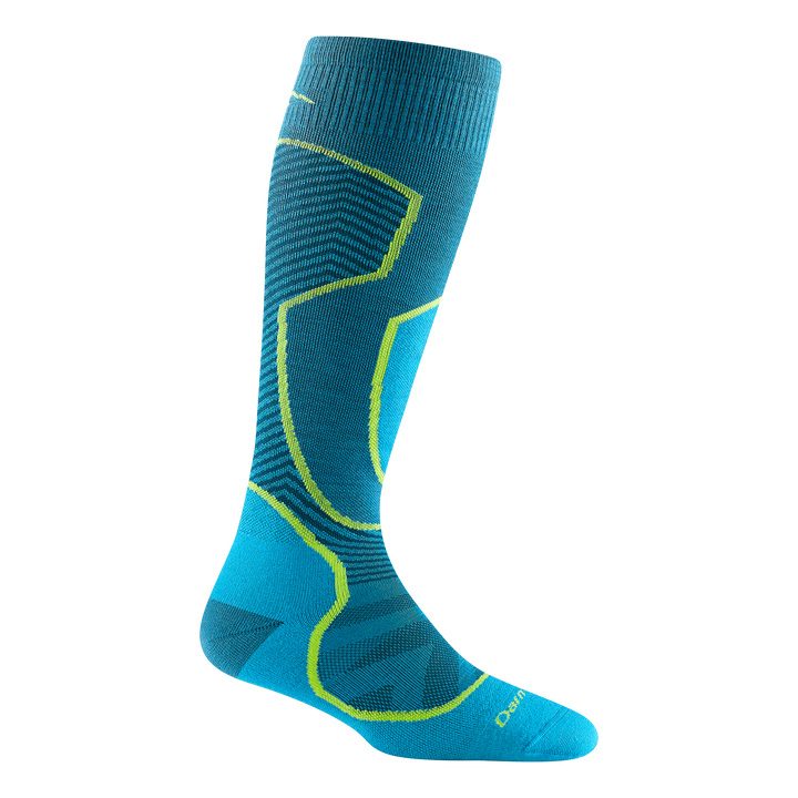 8038 outer limits over-the calf lightweight ski and snowboard sock in the cascade color with solid blue foot and bright green detailing up leg.