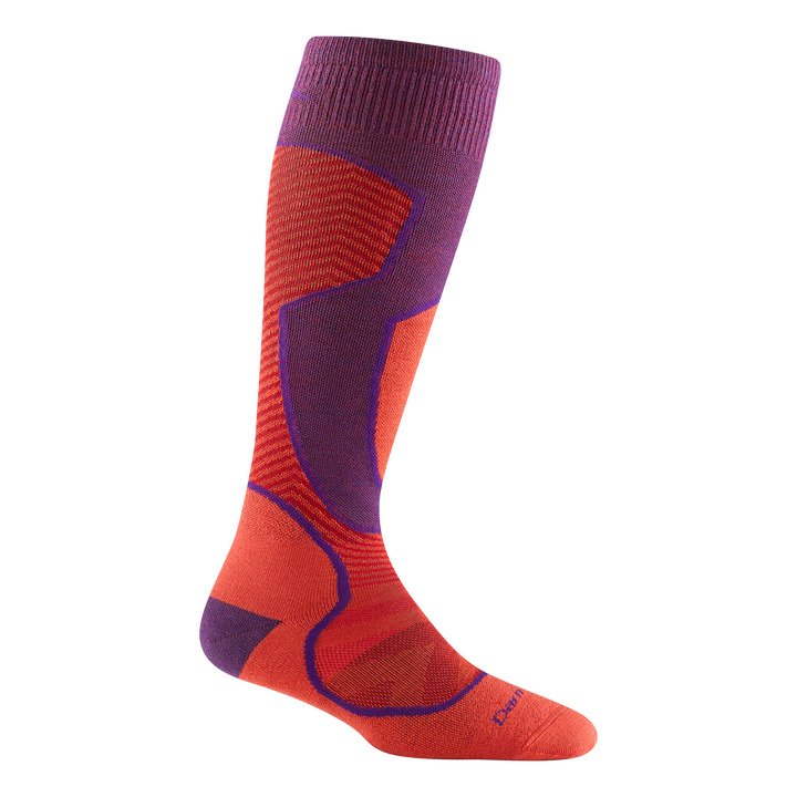 8038 outer limits over-the calf lightweight ski and snowboard sock in the nightshade color with solid orange foot and purple detailing up leg.