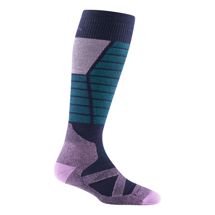 8040 women's function X over-the-calf ski & snowboard socks in color eclipse with purple toe/heel accents and teal stripes in leg