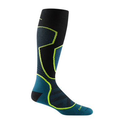 8042 outer limits over the calf in Black with teal blue toe with a black heel yellow design outline and logo