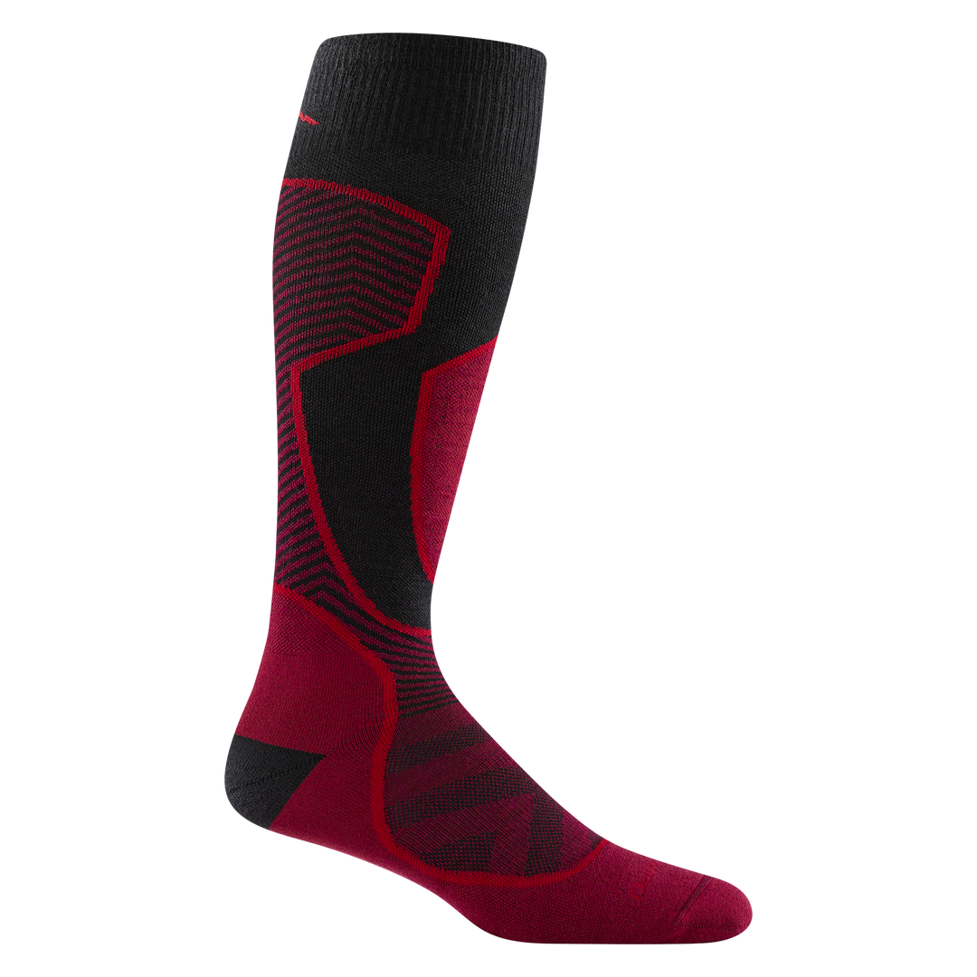 8042 outer limits over the calf in burgundy with burgundy toe with a black heel red design outline and logo