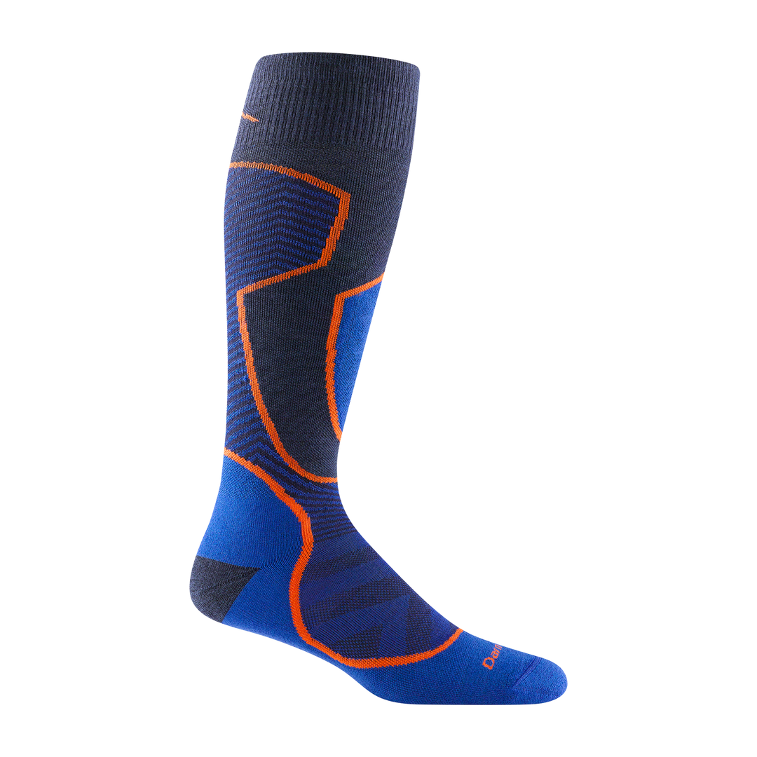 8042 outer limits over the calf in eclipse with marine blue toe with a navy heel orange design outline and logo