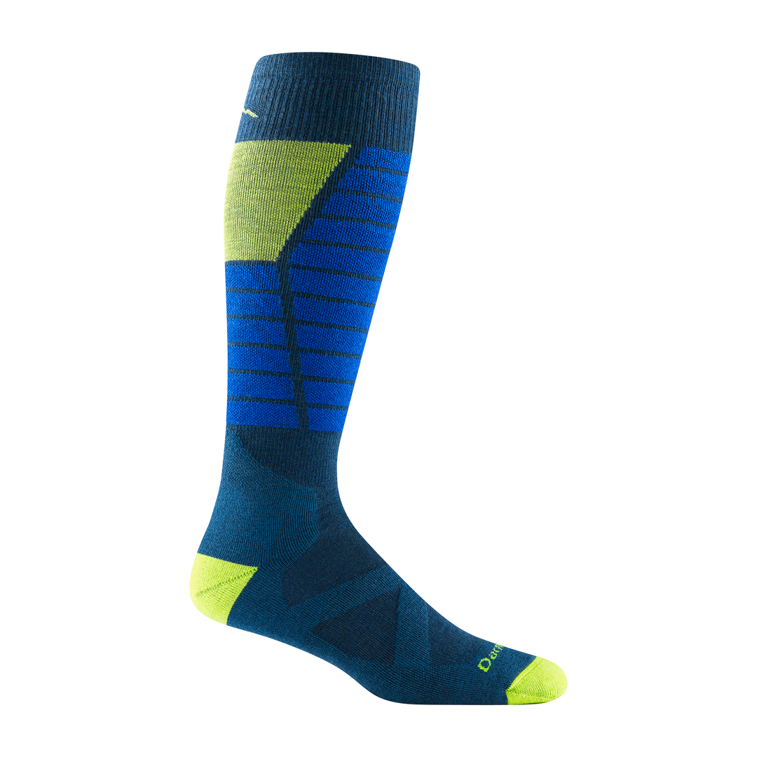 8044 Function X Ski and Snowboard sock in Dark teal with bright yellow toe/heel/ calf vent, marine blue stripes on shin