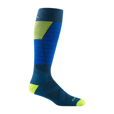 8044 Function X Ski and Snowboard sock in Dark teal with bright yellow toe/heel/ calf vent, marine blue stripes on shin
