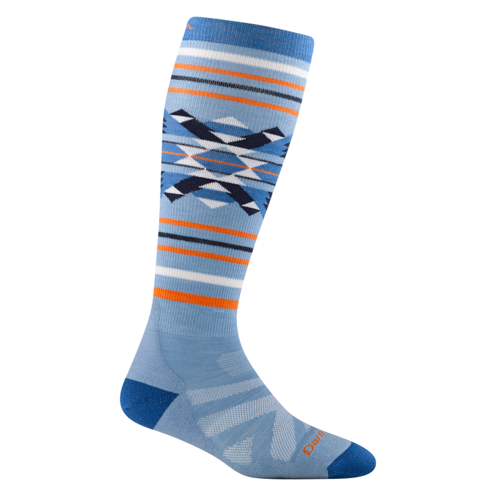 8047 snowscape i bluebird featuring light blue body orange and white stripes  darker blue heel/toe design on upper calf