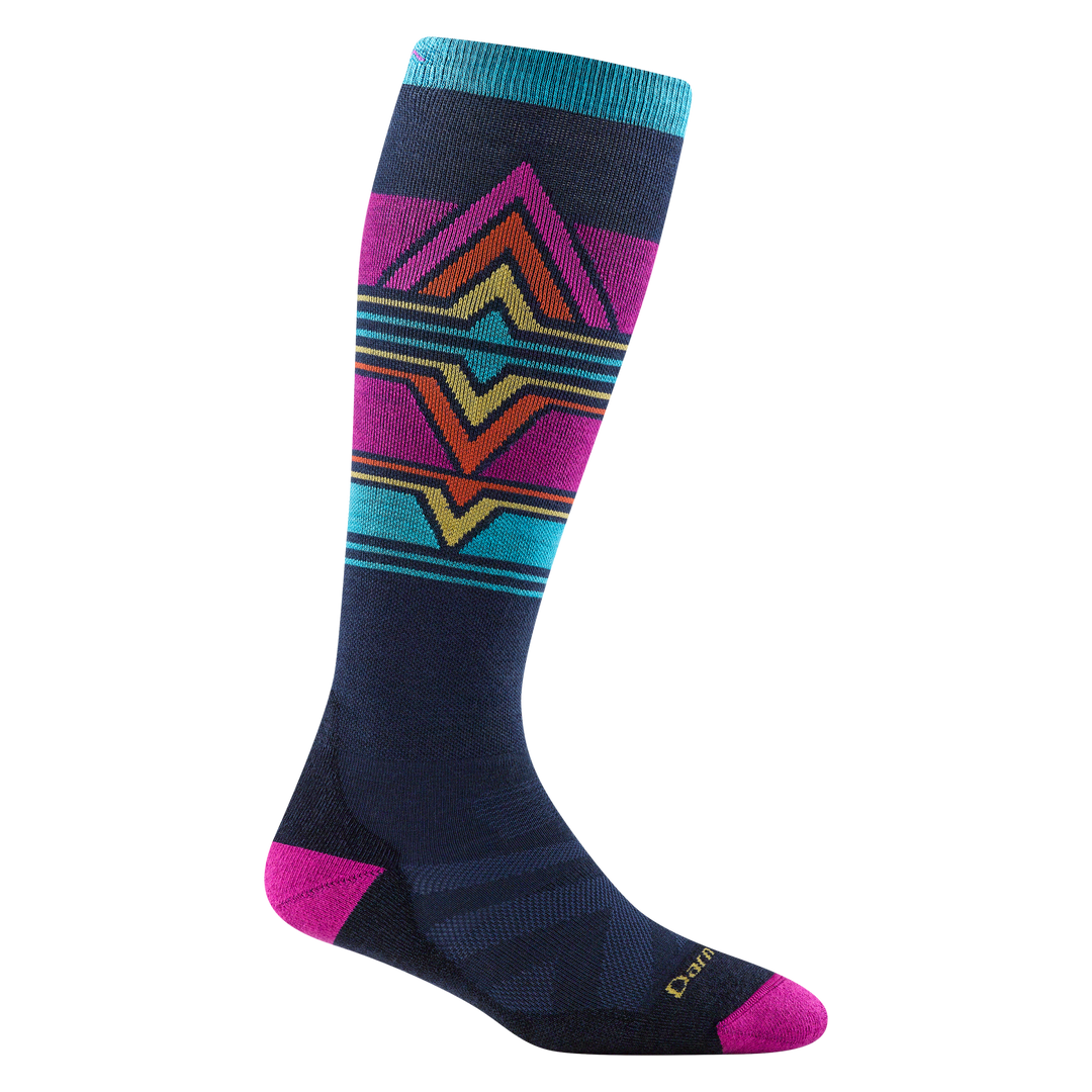 8048 Echo over the calf ski/snow in eclipse featuring a pink heel/toe dark purple body  colorful design on leg