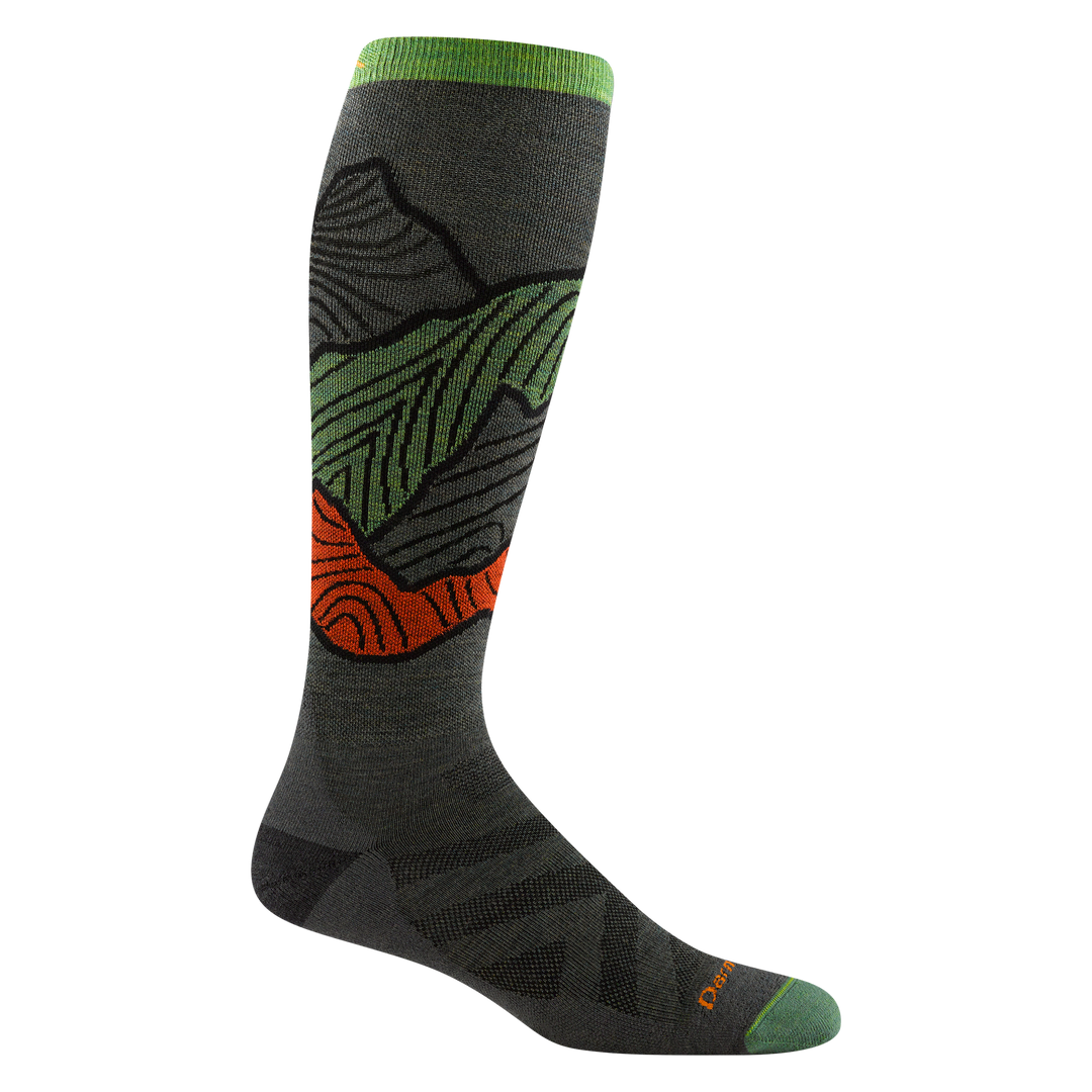 Product image of 8050 Titan Ski/Snowboard sock in Forest colorway featuring bright green toe and cuff accents, black heel accent, and green and orange mountain pattern in body of the sock.