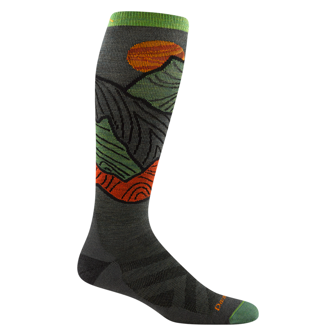 Reverse product image of 8050 Titan Ski/Snowboard sock in Forest colorway featuring bright green toe and cuff accents, black heel accent, and green and orange mountain pattern in body of the sock.