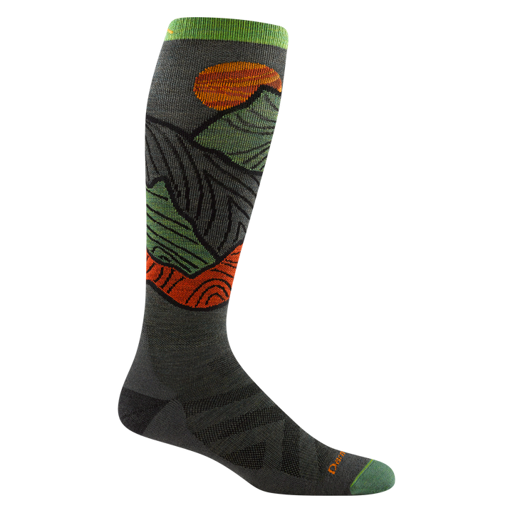 Reverse product image of 8050 Titan Ski/Snowboard sock in Forest colorway featuring bright green toe and cuff accents, black heel accent, and green and orange mountain pattern in body of the sock.