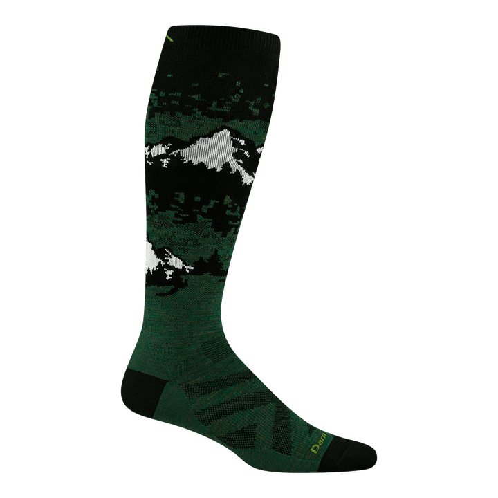 8051 cold smoke over the calf in moss featuring a green body black heel/toe with a black and white mountain design on leg