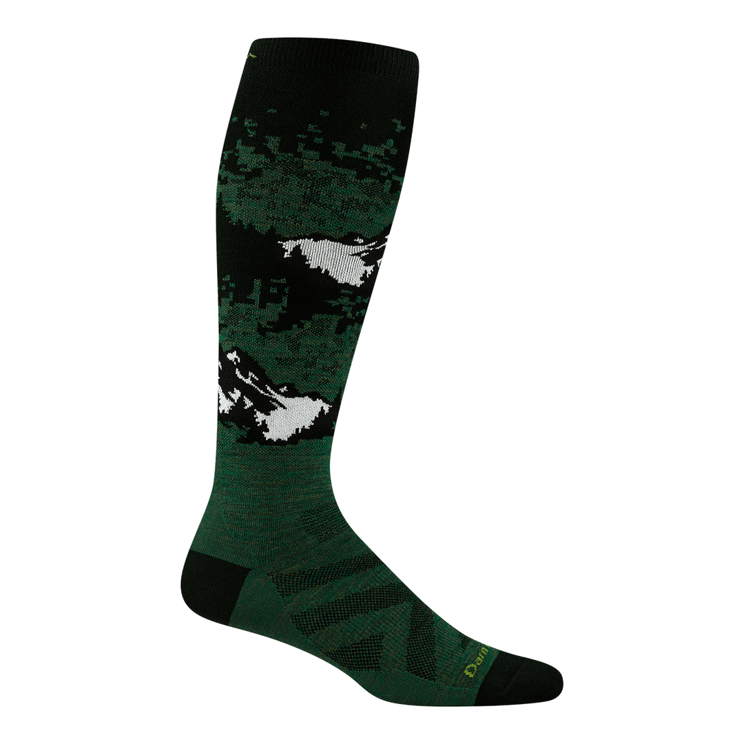 reverse 8051 cold smoke over the calf in moss featuring a green body black heel/toe with a black and white mountain design on leg
