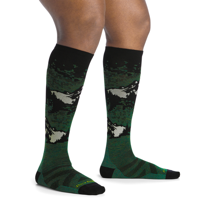 on model image bare foot in the 8051 cold smoke over the calf sock in moss colorway