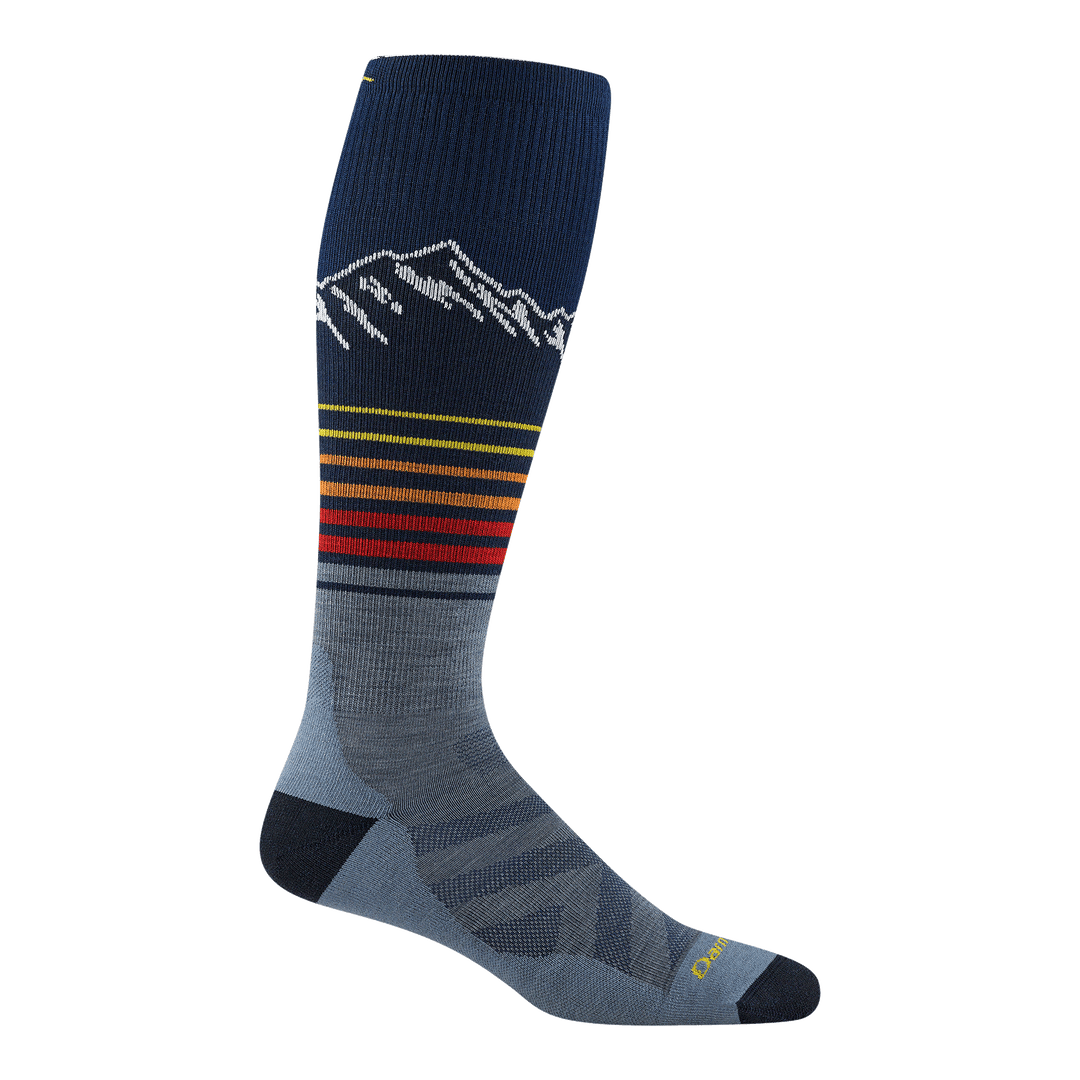 8052 steep line over the calf in eclipse featuring a dark heel/toe light blue body with red, yellow, orange stripes on leg
