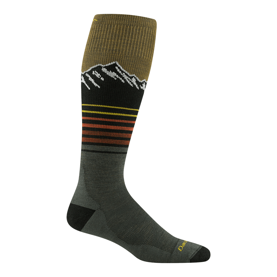 8052 Steep Lines over-the-calf ski and snowboard sock featuring black heel/toe green body with stripes and mountain outline on calf