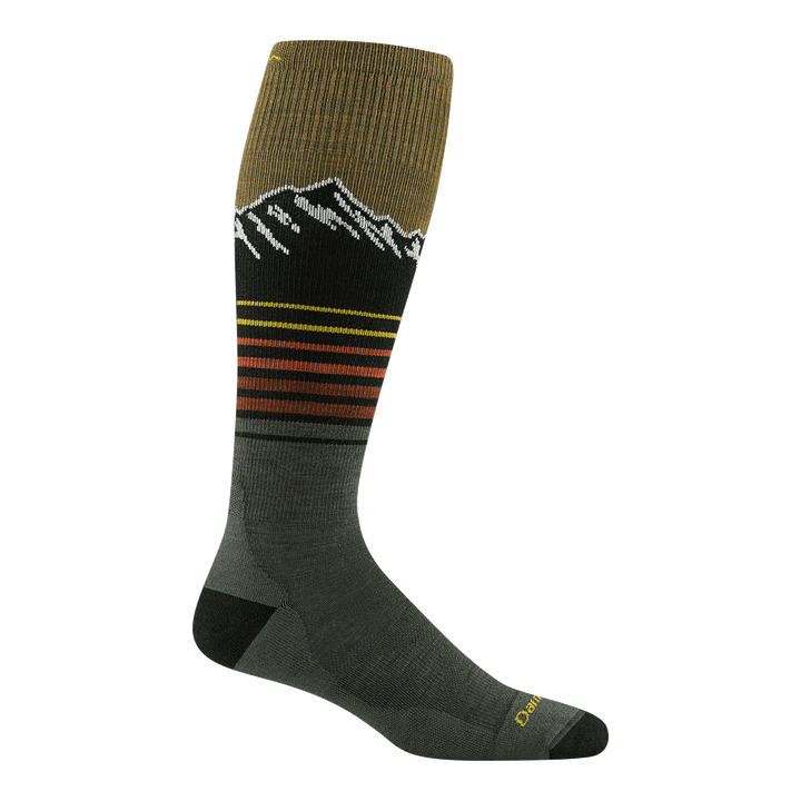 8052 Steep Lines over-the-calf ski and snowboard sock featuring black heel/toe green body with stripes and mountain outline on calf