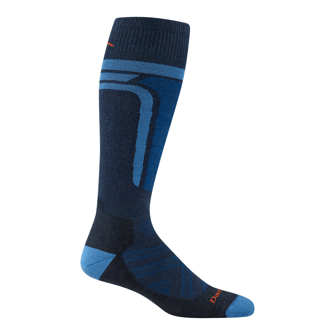 8053 edge over the calf in eclipse featuring light blue heel/toe and vertical stripes on the up leg orange logo
