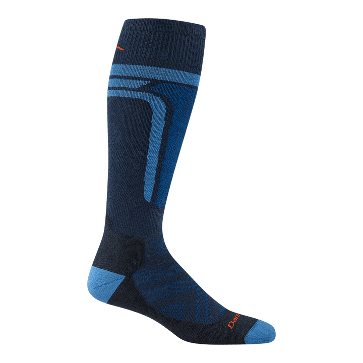 8053 edge over the calf in eclipse featuring light blue heel/toe and vertical stripes on the up leg orange logo