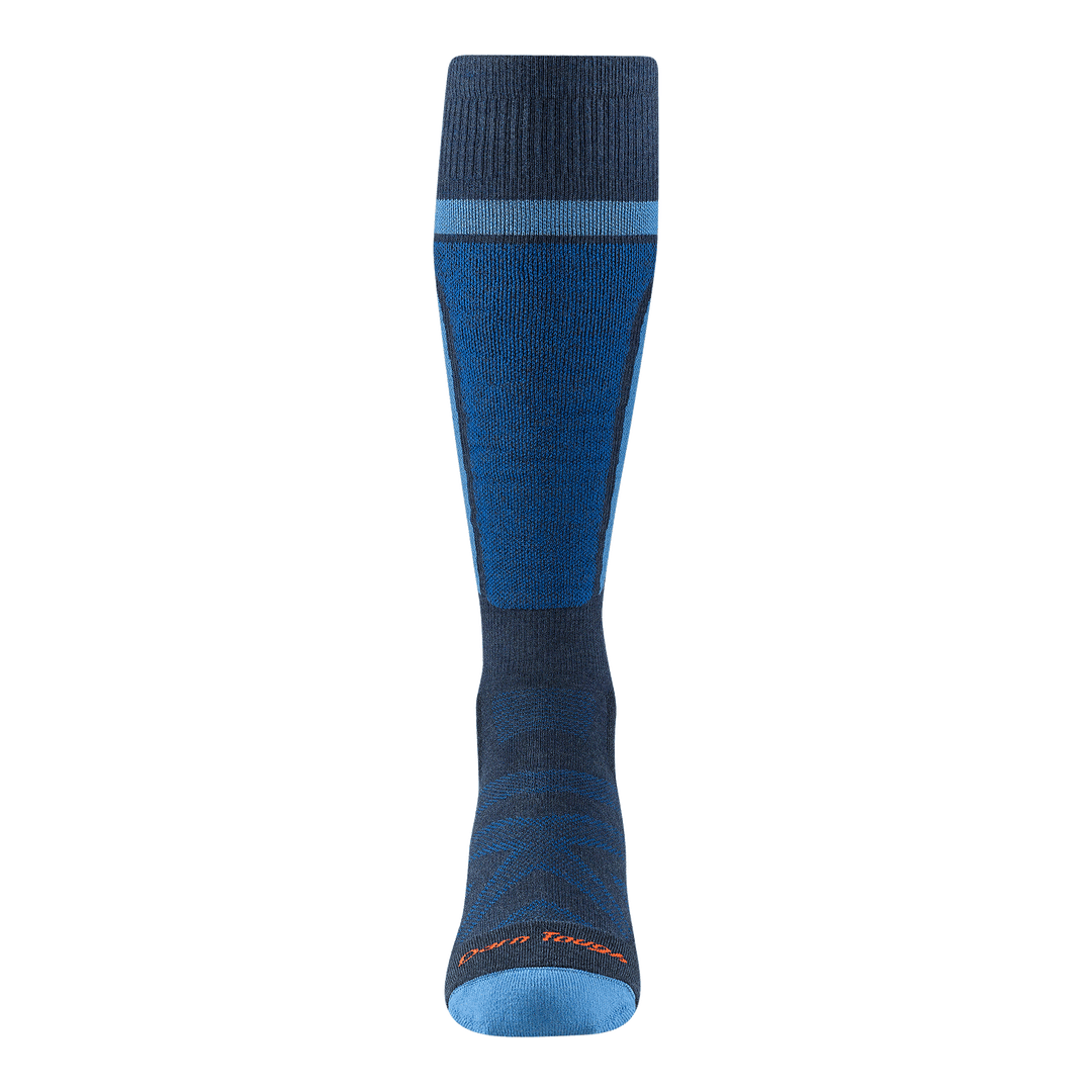 front view of the 8053 edge over the calf  Eclipse featuring a light blue toe and stripe around the cuff  with a darker blue shin pad
