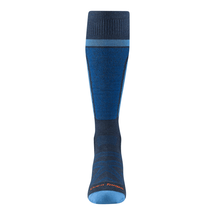 front view of the 8053 edge over the calf  Eclipse featuring a light blue toe and stripe around the cuff  with a darker blue shin pad