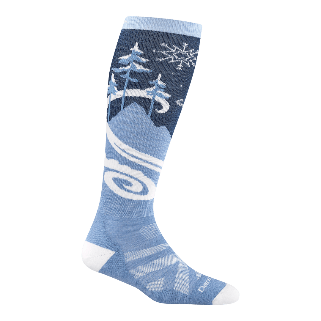 8054 Swirlwind over the calf in midnight featuring a light blue body and white heel/toe and a wintery mountain scene on leg
