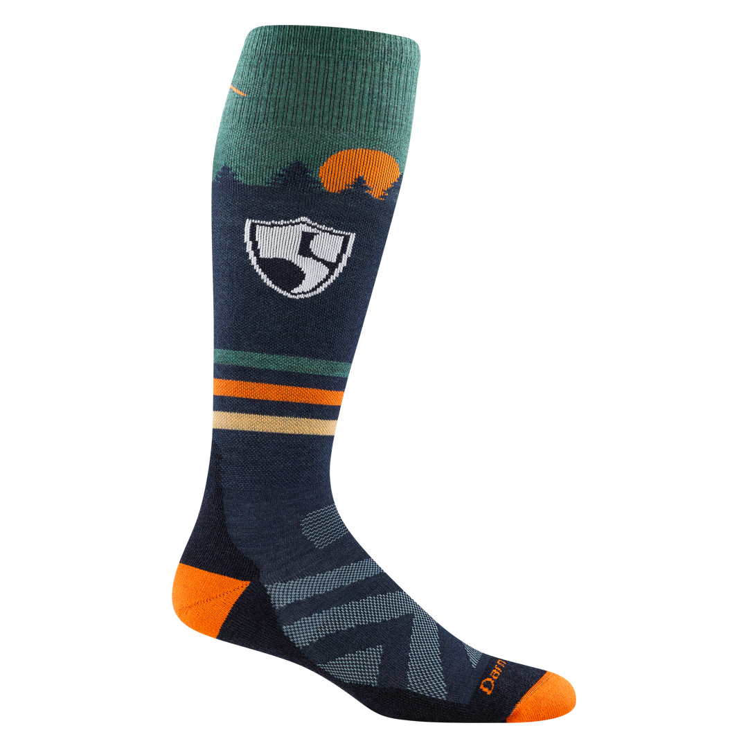 Product image of 8055 High Fives sock in Eclipse colorway featuring dark blue body with yellow, orange, and green stripes with orange heel and toe accents and High Fives Foundation logo on the calf of the sock. 