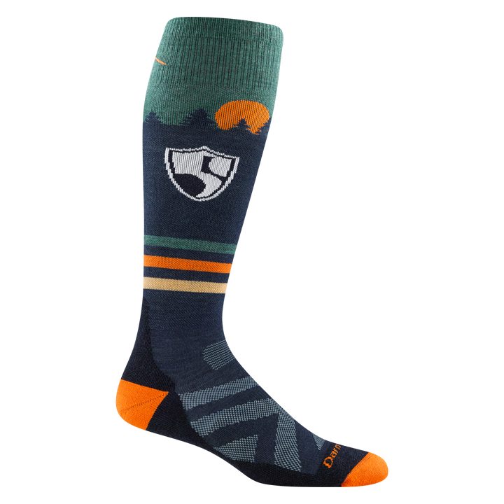 Product image of 8055 High Fives sock in Eclipse colorway featuring dark blue body with yellow, orange, and green stripes with orange heel and toe accents and High Fives Foundation logo on the calf of the sock. 