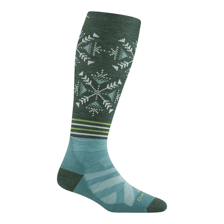 8060 Snowfall over-the-calf ski and snowboard sock in Juniper featuring dark green heel/toe teal foot and green calf with snowflake and stripes