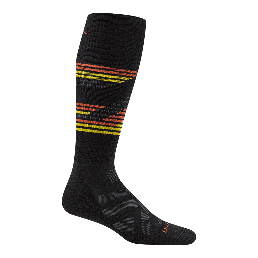8061 Carve over-the-calf ski and snowboard sock in black featuring a full black body with yellow and orange stripes on the calf
