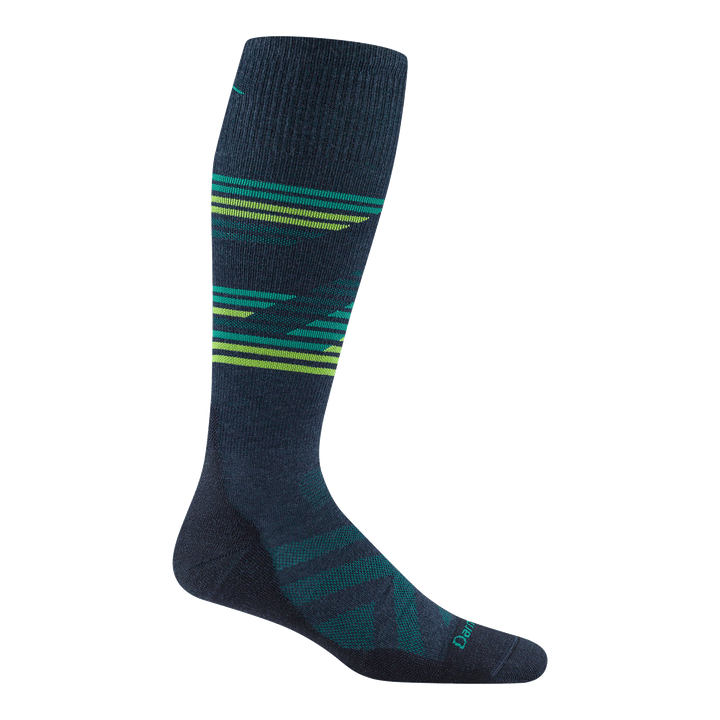 8061 Carve over-the-calf ski and snowboard sock in Eclipse featuring a dark blue body and green and teal stripes on calf