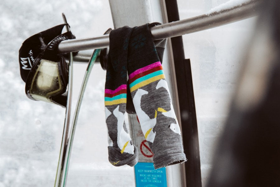 Warm socks for skiing with polar bears on them hanging with other ski gear