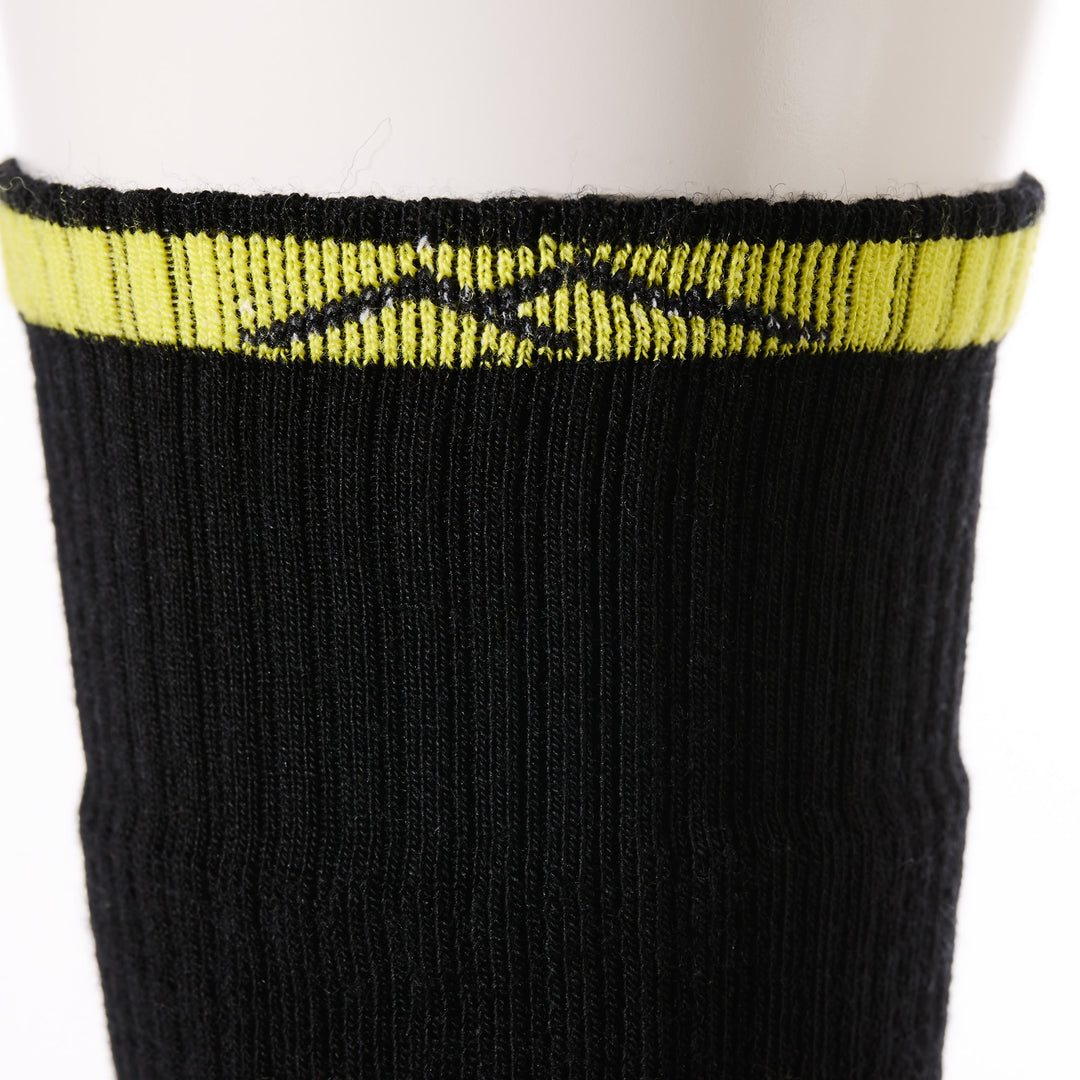 close up of mens 2006 Steely Boot Midweight with Cushion w/ Full Cushion Toe Box in carbon showing yellow stripe on cuff
