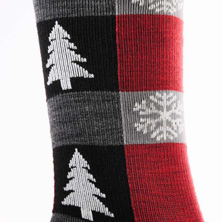 close up image of unisex 6235 Festive Flannel Crew Lightweight with Cushion in coal flannel pattern with trees and snowflakes
