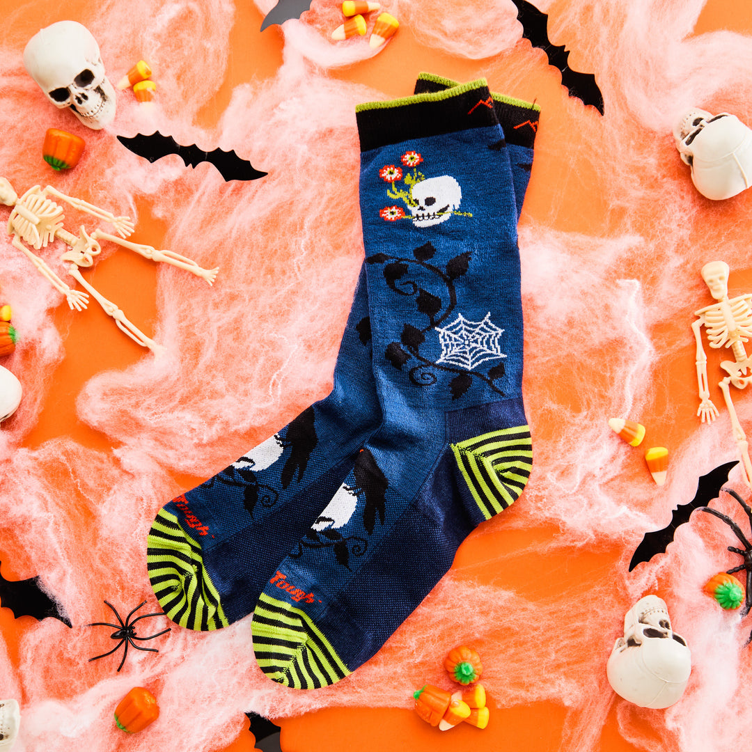 unisex 6233 Spooky Hollow Crew Lightweight in midnight laying flat on orange table surrounded by halloween decor