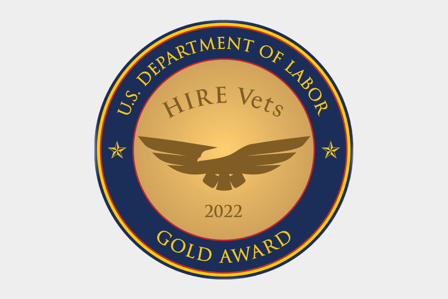 An award seal that reads "US Department of Labor Hire Vets Gold Award 2022"