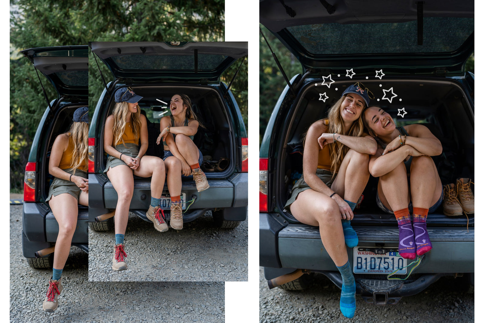 Two hikers seated in car trunk getting ready to go hiking wearing darn tough socks and laughing
