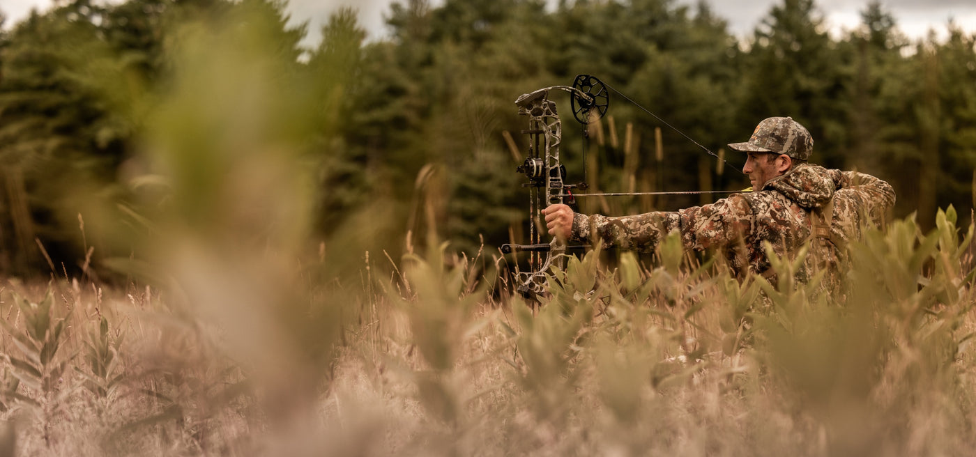 A  hunter in a field with his bow drawn, taking aim 