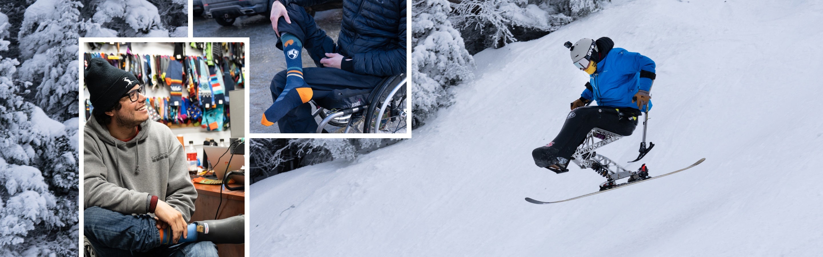 Collage of Trevor wearing the High Fives sock, jumping in a sit ski, and visiting the Mill