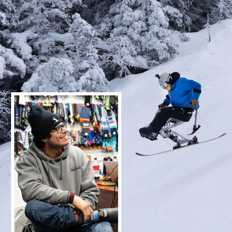 Collage of Trevor wearing the High Fives sock at the Mill and jumping in a sit ski
