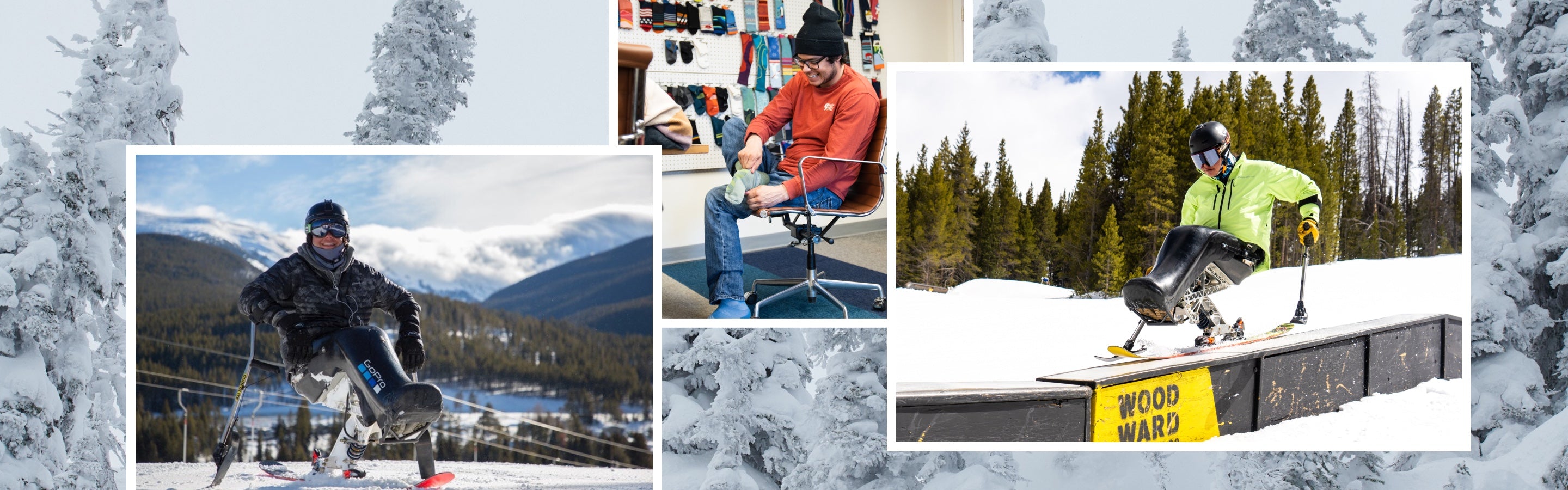 Collage of Trevor sit skiing in epic places and trying on socks at Darn Tough's VT Mill