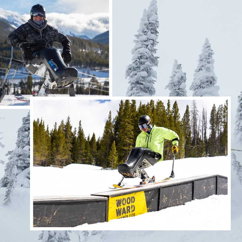 Collage of Trevor sit skiing in epic places