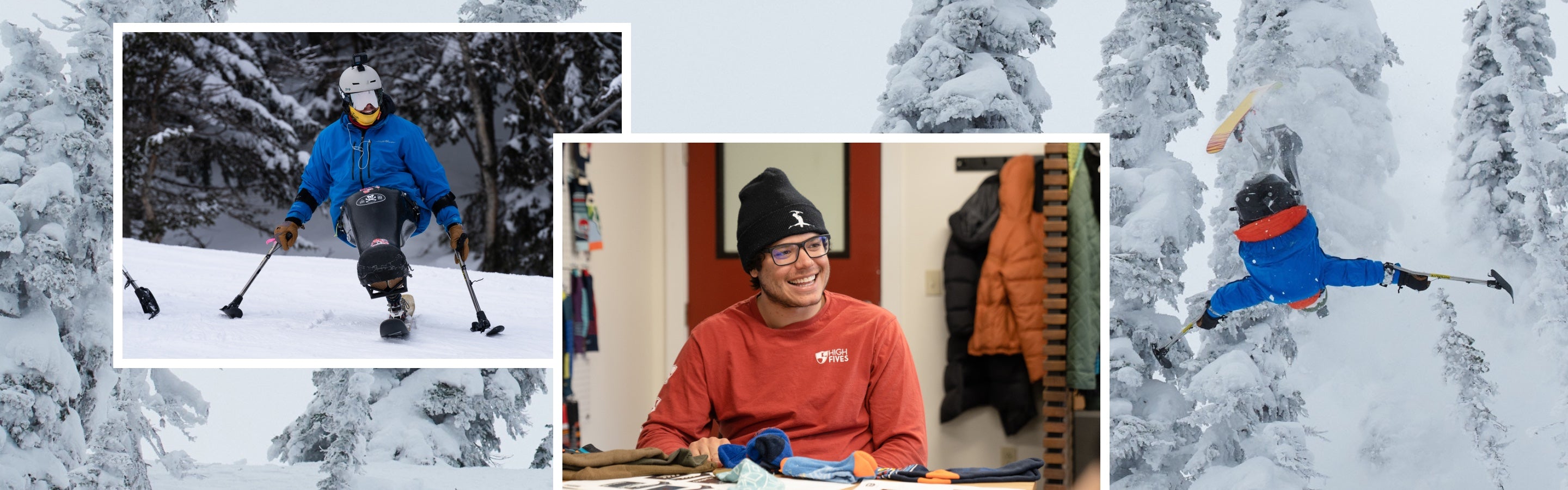 Collage of Trevor doing an amazing back flip on his sit ski and visiting Darn Tough's Product design team