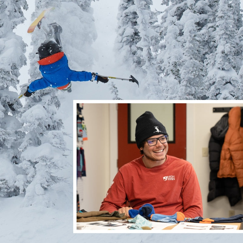 Collage of Trevor doing an amazing back flip on his sit ski and visiting Darn Tough's Product design team
