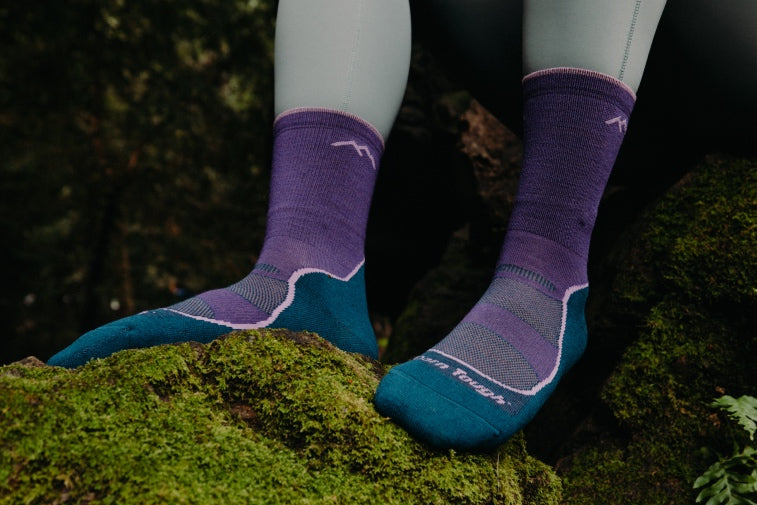 Shop Favorite Hiking Socks - feet wearing purple and blue Light Hiker socks