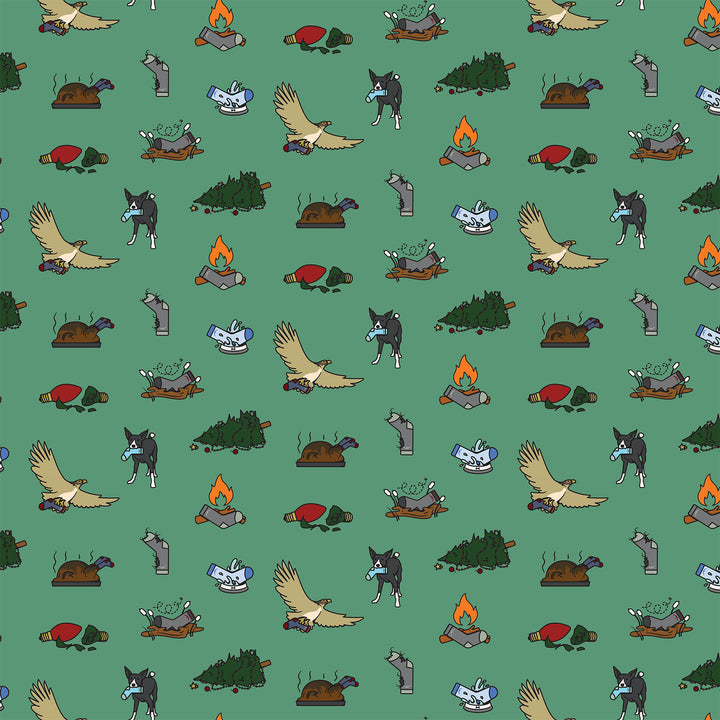 Wrapping paper design featuring darn it moments tree falling over dog eating sock