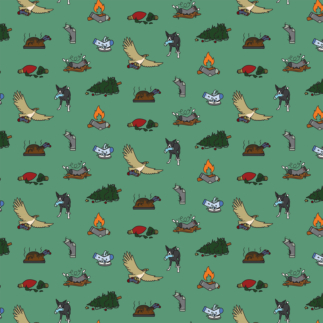 Wrapping paper design featuring darn it moments tree falling over dog eating sock