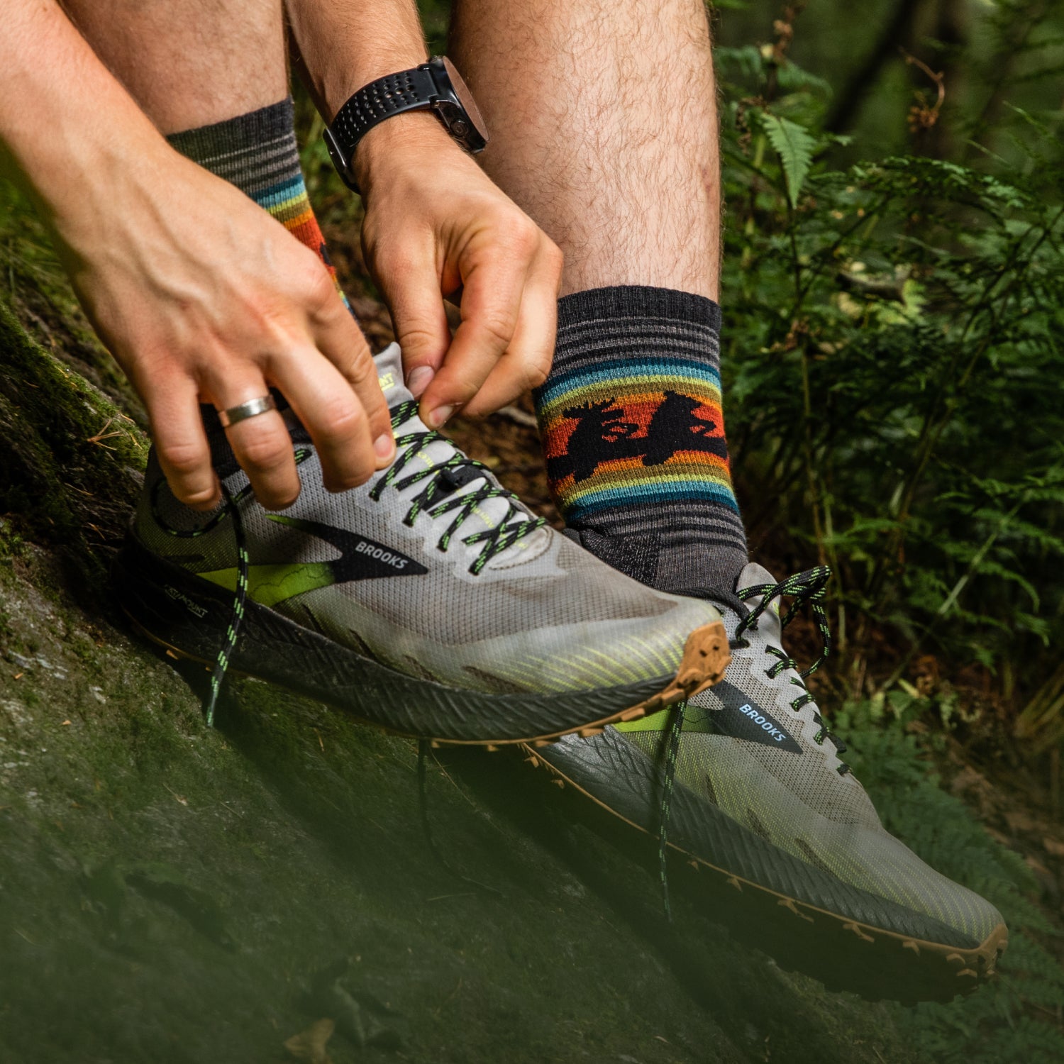 Image of model wearing the men's willoughby micro crew hiking socks