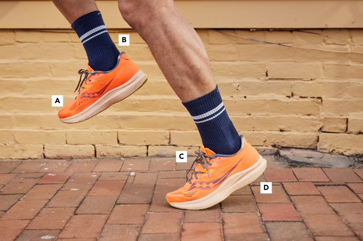 Close up of a runner's feet, mid-stride, wearing Darn Tough running socks with numbered feature callouts