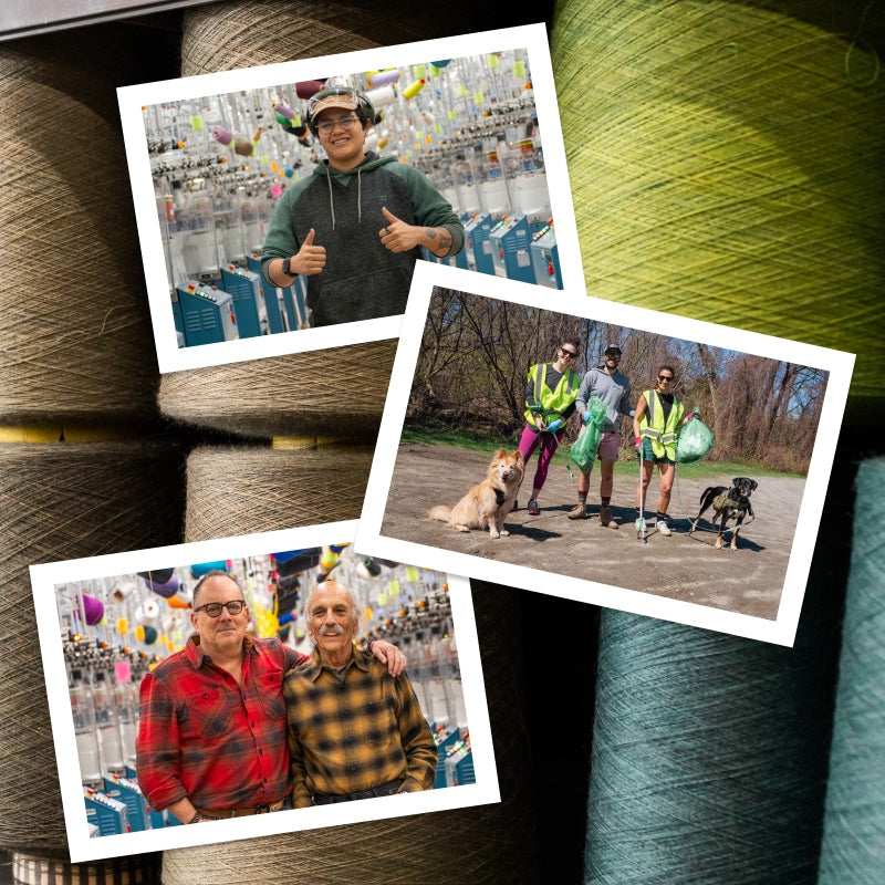 A collage of Darn Tough employees at the Mill and out in Vermont volunteering