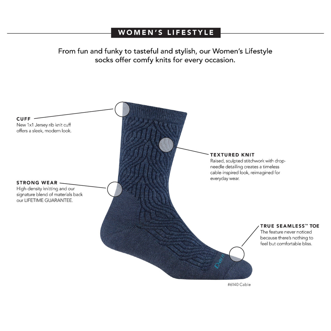 feature callout image of the 6140 cable sock providing info on the cuff knit, durability, and toe seam