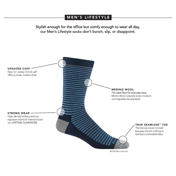 feature callout image of the 6134 micro stripe sock providing info on cuff material, durability and toe seam